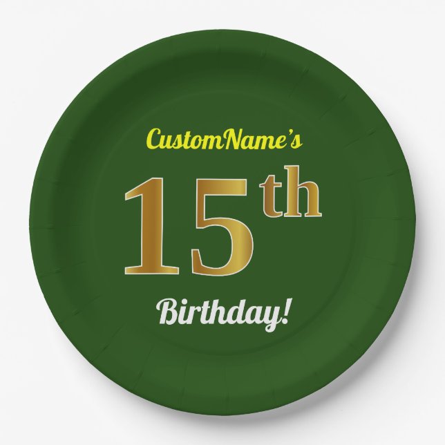 Plato De Papel Green, Faux Gold 15th Birthday + Custom Name (Anverso)