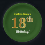 Plato De Papel Green, Faux Gold 18th Birthday   Custom Name<br><div class="desc">Este sencillo diseño de placas de papel con temática de cumpleaños, personalizado, incluye un mensaje de personalizable como "¡Cumpleaños 18 del Personalizado!", donde se puede cambiar el nombre, y con el "18" que tiene un aspecto falso/imitación dorado. También cuenta con un fondo de color verde. Las placas de papel como...</div>