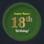 Plato De Papel Green, Faux Gold 18th Birthday   Custom Name<br><div class="desc">Este sencillo diseño de placas de papel con temática de cumpleaños, personalizado, incluye un mensaje de personalizable como "¡Cumpleaños 18 del Personalizado!", donde se puede cambiar el nombre, y con el "18" que tiene un aspecto falso/imitación dorado. También cuenta con un fondo de color verde. Las placas de papel como...</div>