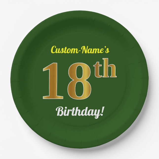 Plato De Papel Green, Faux Gold 18th Birthday + Custom Name (Anverso)