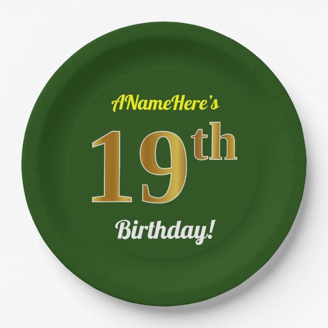 Plato De Papel Green, Faux Gold 19th Birthday + Custom Name (Anverso)