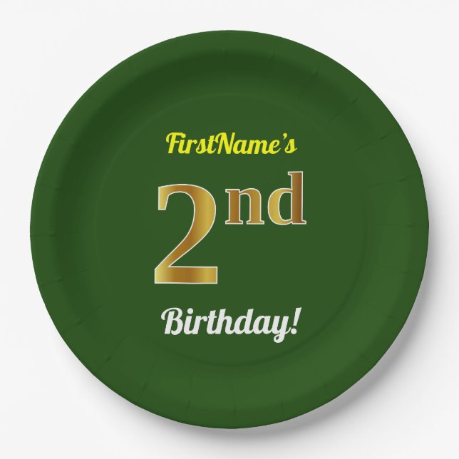 Plato De Papel Green, Faux Gold 2º cumpleaños + Nombre personaliz (Anverso)
