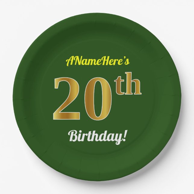 Plato De Papel Green, Faux Gold 20th Birthday + Custom Name (Anverso)