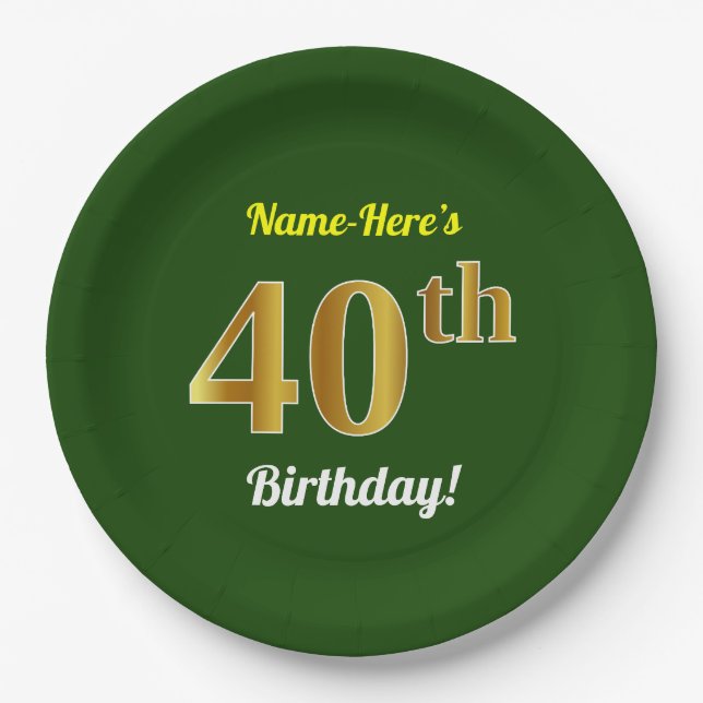 Plato De Papel Green, Faux Gold 40th Birthday + Custom Name (Anverso)