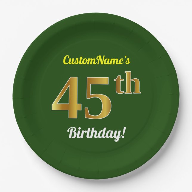 Plato De Papel Green, Faux Gold 45th Birthday + Custom Name (Anverso)