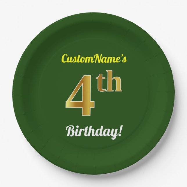 Plato De Papel Green, Faux Gold 4Cumpleaños + Custom Name (Anverso)