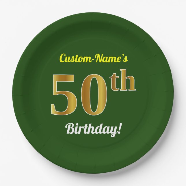 Plato De Papel Green, Faux Gold 50th Birthday + Custom Name (Anverso)