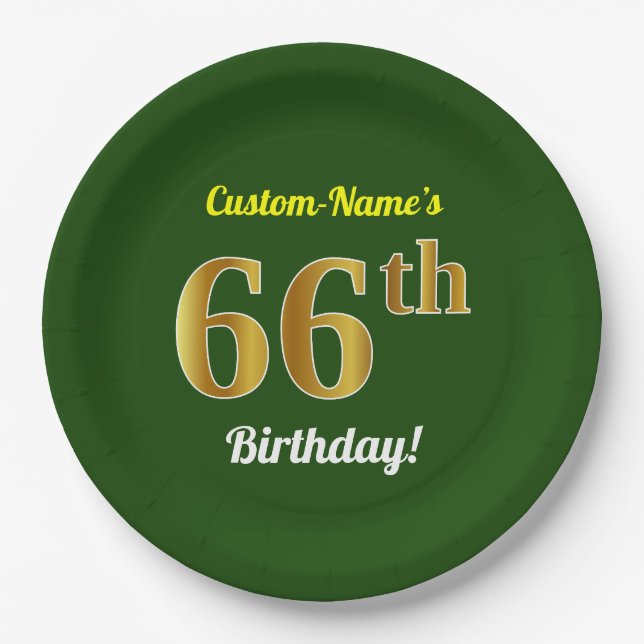 Plato De Papel Green, Faux Gold 66th Birthday + Custom Name (Anverso)