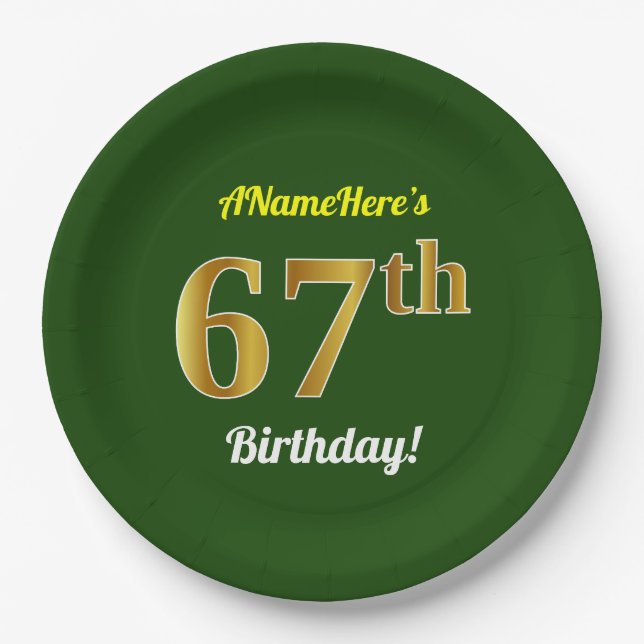 Plato De Papel Green, Faux Gold 67th Birthday + Custom Name (Anverso)