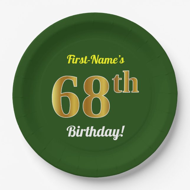 Plato De Papel Green, Faux Gold 68th Birthday + Custom Name (Anverso)