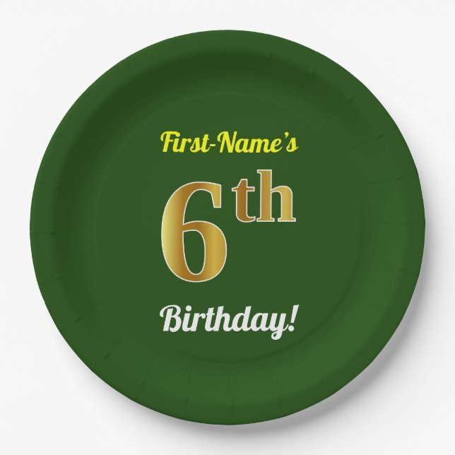 Plato De Papel Green, Faux Gold 6Cumpleaños + Custom Name (Anverso)