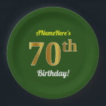 Plato De Papel Green, Faux Gold 70th Birthday   Custom Name<br><div class="desc">Este sencillo, personalizado diseño de placas de papel con temática de cumpleaños incluye un mensaje de personalizable como "¡El cumpleaños número 70 de ANameHere's 70th Birthday!", donde se puede cambiar el nombre, y con el "70th" con un aspecto falso/imitación dorado. También cuenta con un fondo de color verde. Placas de...</div>