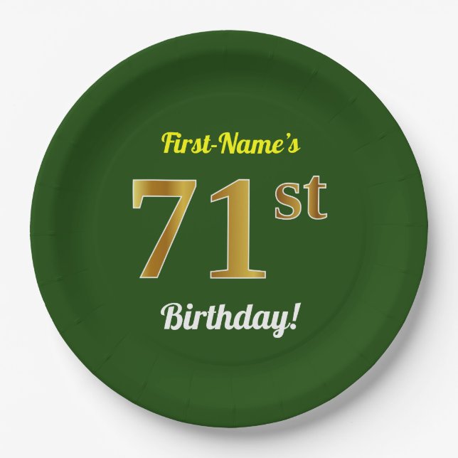 Plato De Papel Green, Faux Gold 71st Birthday + Custom Name (Anverso)