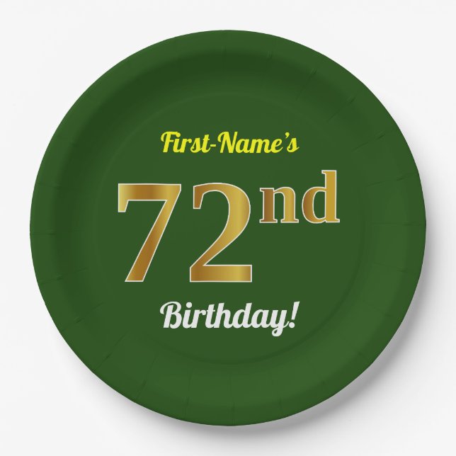 Plato De Papel Green, Faux Gold 72nd Birthday + Custom Name (Anverso)