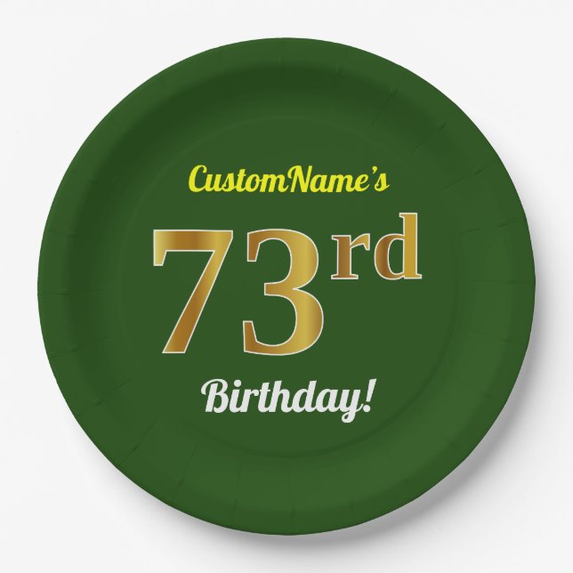 Plato De Papel Green, Faux Gold 73rd Birthday + Custom Name (Anverso)