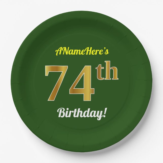 Plato De Papel Green, Faux Gold 74th Birthday + Custom Name (Anverso)