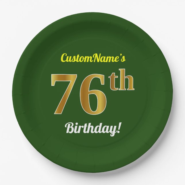 Plato De Papel Green, Faux Gold 76th Birthday + Custom Name (Anverso)