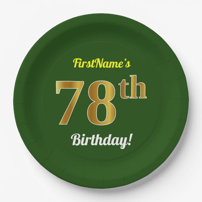 Plato De Papel Green, Faux Gold 78th Birthday + Custom Name (Anverso)