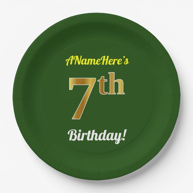 Plato De Papel Green, Faux Gold 7Cumpleaños + Custom Name (Anverso)