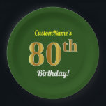 Plato De Papel Green, Faux Gold 80th Birthday   Custom Name<br><div class="desc">Este sencillo diseño de placas de papel con temática de personalizable y cumpleaños incluye un mensaje de personalizable como "¡Cumpleaños 80 de CustomName!", donde se puede cambiar el nombre, y con el "80" con un aspecto de imitación de oro o imitación. También cuenta con un fondo de color verde. Las...</div>