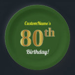 Plato De Papel Green, Faux Gold 80th Birthday   Custom Name<br><div class="desc">Este sencillo diseño de placas de papel con temática de personalizable y cumpleaños incluye un mensaje de personalizable como "¡Cumpleaños 80 de CustomName!", donde se puede cambiar el nombre, y con el "80" con un aspecto de imitación de oro o imitación. También cuenta con un fondo de color verde. Las...</div>
