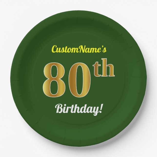 Plato De Papel Green, Faux Gold 80th Birthday + Custom Name (Anverso)