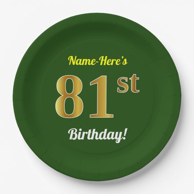 Plato De Papel Green, Faux Gold 81st Birthday + Custom Name (Anverso)