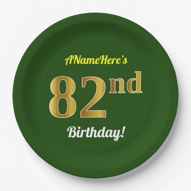 Plato De Papel Green, Faux Gold 82nd Birthday + Nombre personaliz (Anverso)