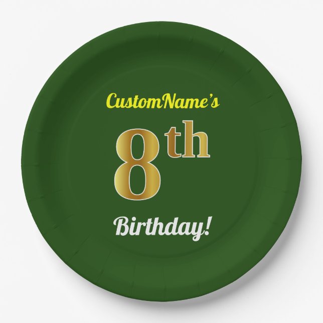 Plato De Papel Green, Faux Gold 8Cumpleaños + Custom Name (Anverso)