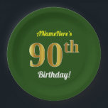 Plato De Papel Green, Faux Gold 90th Birthday   Custom Name<br><div class="desc">Este sencillo diseño de placas de papel con temática de cumpleaños, personalizado, incluye un mensaje de personalizable como "¡El cumpleaños 90 de ANameHere's 90th!", donde se puede cambiar el nombre, y con el "90th" con un aspecto falso/imitación dorado. También cuenta con un fondo de color verde. Las placas de papel...</div>