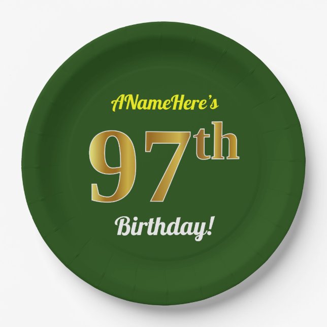 Plato De Papel Green, Faux Gold 97th Birthday + Custom Name (Anverso)