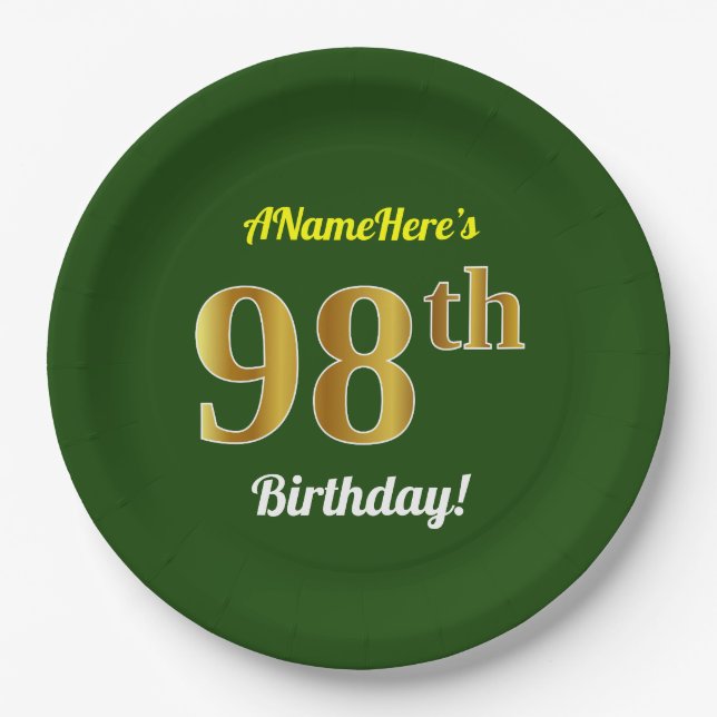 Plato De Papel Green, Faux Gold 98th Birthday + Custom Name (Anverso)