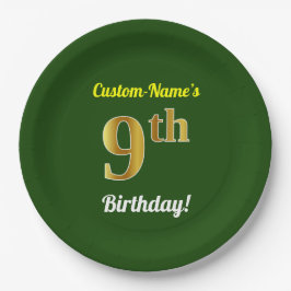 Plato De Papel Green, Faux Gold 9Cumpleaños + Custom Name