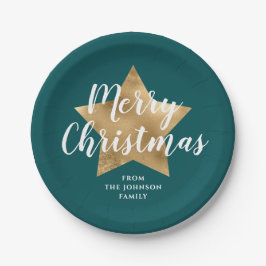Plato De Papel Green Faux Gold Star Feliz Navidad