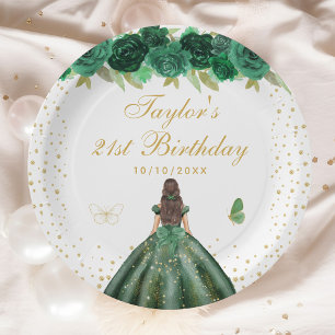 Plato De Papel Green Floral Brunette Hair Princess Birthday Party
