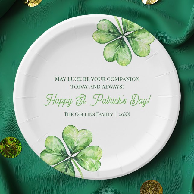 Plato De Papel Green Four Leaf Clover Luck Happy St Patrics Day (Green Four Leaf Clover Luck Happy St Patrick's Day Paper Plates)