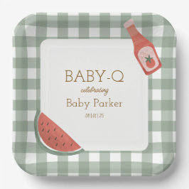 Plato De Papel Green Gingham Baby-Q Square Plate