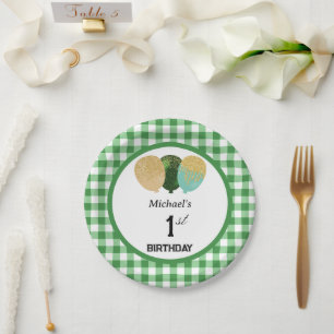 Plato De Papel Green Gingham & Balloons 1º cumpleaños