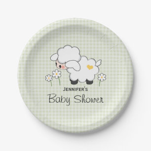 Plato De Papel Green Gingham Lamb Baby Shower