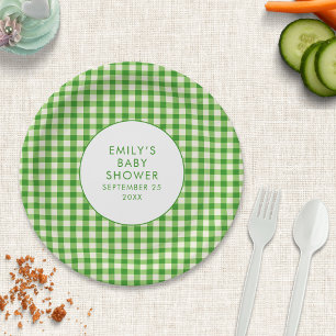 Plato De Papel Green Gingham Name Baby Shower de crecimiento loca