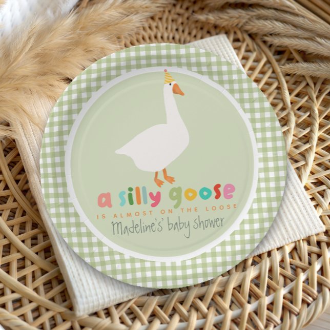 Plato De Papel Green Gingham Neutral Silly Goose Baby Shower (Subido por el creador)