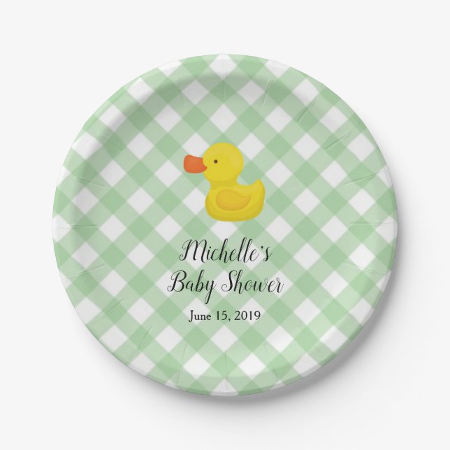 Plato De Papel Green Gingham Rubber Duckie Baby Shower (Anverso)