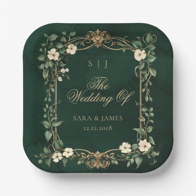 Plato De Papel Green Gold Art Nouveau Enchanted Wedding (Anverso)