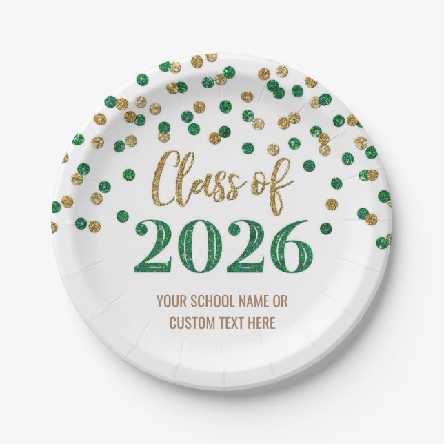 Plato De Papel Green Gold Confetti Graduation 2026 (Anverso)