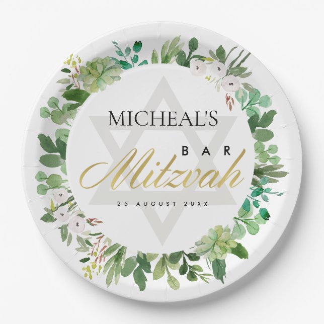 PLATO DE PAPEL GREEN GOLD FOLIAGE WREATH STAR BAR BAT MITZVAH (Anverso)
