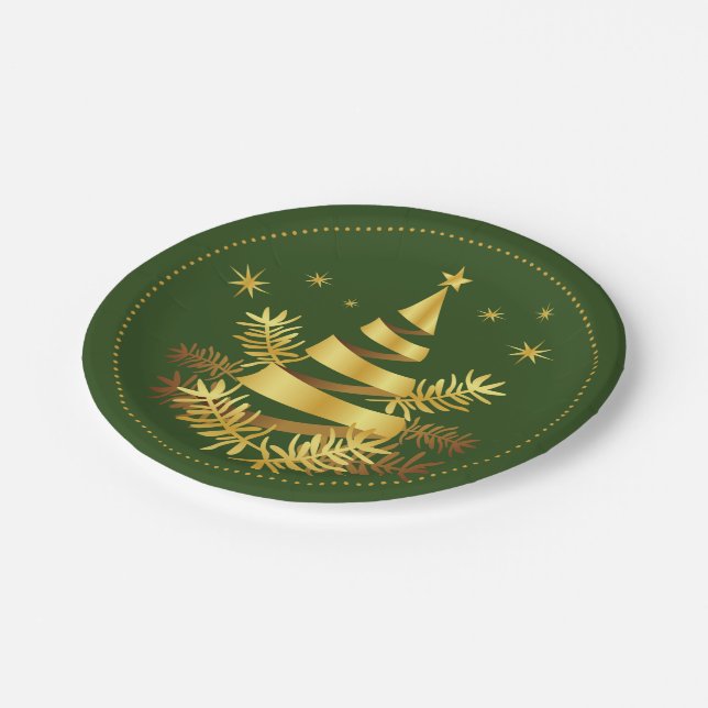 Plato De Papel Green Golden Leaves Stars Christmas Tree (Angular)