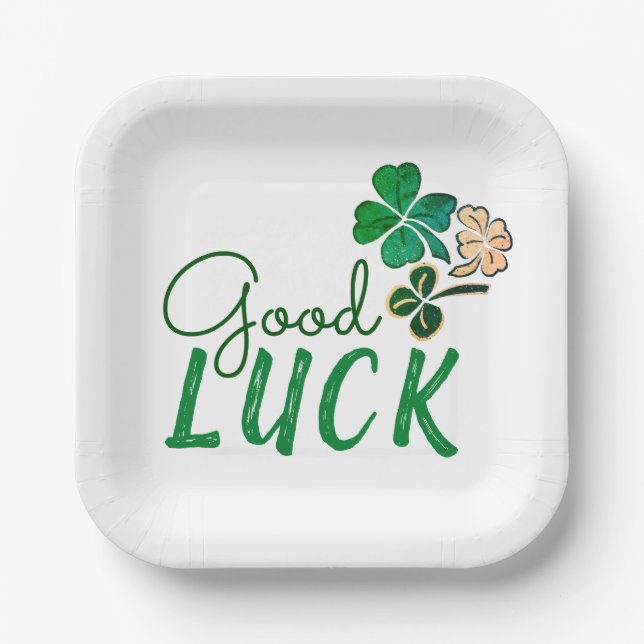 Plato De Papel Green Good Lucky Four Leaf Clover Shamrock (Anverso)