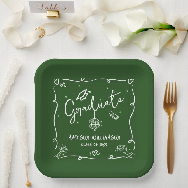 Plato De Papel Green Hand Drawn Doodles Style Graduation Quirky (Boda)