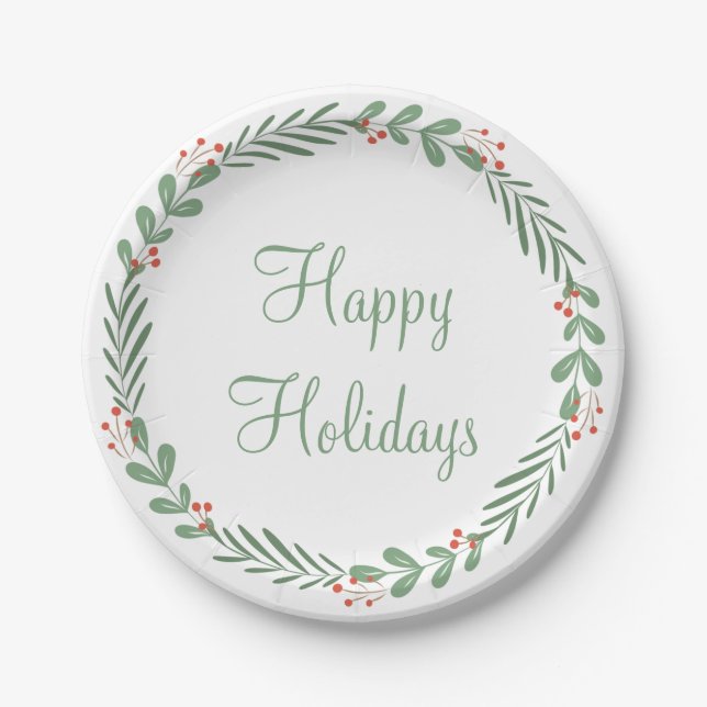 Plato De Papel Green Happy Holidays Script Wreath Berry Leaks (Anverso)