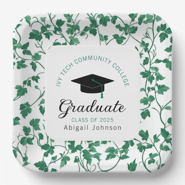 Plato De Papel Green Ivy Pattern Personalized Graduation (Anverso)